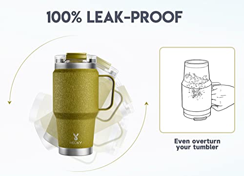 Image of Meoky 24oz Travel Mug, Triple Insulated Stainless Steel Tumbler with Handle and 2-in-1 Straw and Sip Lid, 100% Leak Proof, Keeps Cold for 24 Hours or Hot for 8 Hours, Cupholder Friendly (Forest)