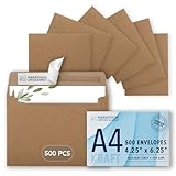 MOS A4 Kraft Envelopes 4.25 x 6.25 Inch 500 Pack — Brown Self-Seal Heavyweight Invitation Envelopes for Greeting Cards, Card Making, RSVP, Wedding Invitations, Business Mailings