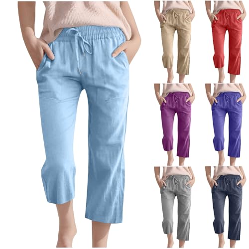 Kids Cropped Pants Solid High Waist Cotton Linen Cropped Trousers with Pockets Boys Girls Straight Casual Wide Leg Pants