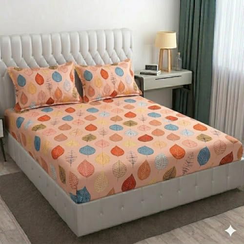 Image of Cotton Bolls Textiles Glace Cotton Fitted Bedsheet 72x72x6 Inch with 2 Pillow Covers - Soft Breathable Fabric, Elastic All Around, Printed Bedding for Double Bed