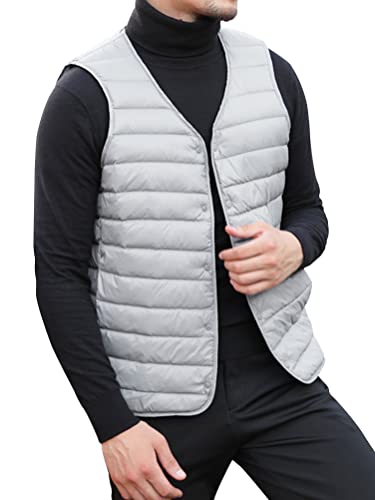 DUZTELYI ノーカラー ダウンベスト メンズ ウルトラライト インナーベスト 軽量 防寒 コンパクト収納袋付き DU520 (2XL, グレー)