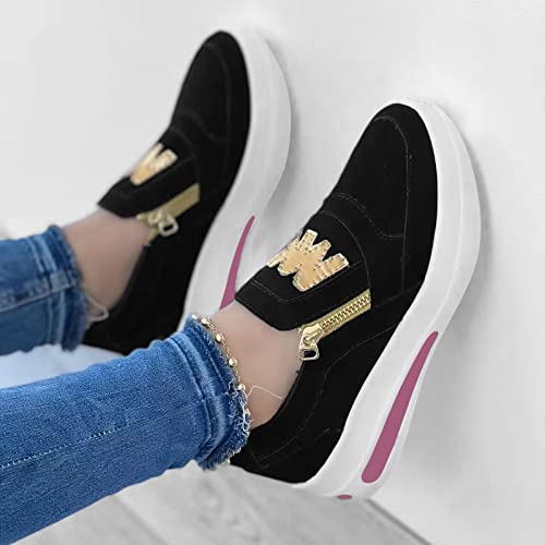 Hbeylia Platform Sneakers for Women Breathable Flock Slip On Round Toe Chunky Bottom Heels Low Top Canvas Shoes Slip On Side Zipper Flats Comfortable Walking Shoes Play Sneakers Loafers2