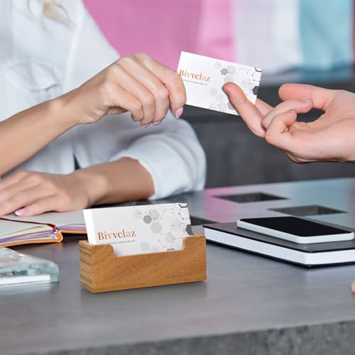 Bivvclaz Business Card Holder for Desk, Acacia Wood Business Card Organizer Desktop Business Card Display Stand for Office Home Tabletop Exhibition, Small Business Essentials