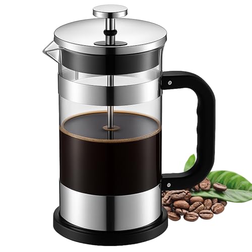 Crystalia French Press Coffee Maker, 1000 ml Cafetiere 8 Cup, Heat Resistant Borosilicate Glass Caffettiera, 4-Layer Stainless Steel Filter, Loose Tea & Milk Froth, Dishwasher Safe Coffee Press