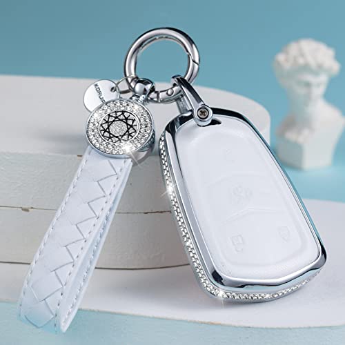SHANGHONG for Cadillac Key Fob Cover with Keychain, Leather Crystal Key Case Protector Compatible with Cadillac Escalade CTS SRX XT5 ATS STS CT6 5-Buttons Remote Start, White by SHANGHONG - Used condition - US$19.65