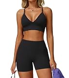 JTSONN Conjunto Deportivo para Mujer Gimnasio de Punto Elástico Yoga Tirantes Fitness Ropa Escote en V Espalda Descubierta Sujetador Combinado Pantalones Cortos Fruncido Ropa Deportiva sin Costuras