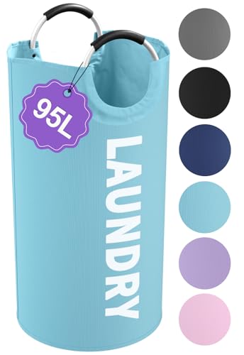 Image of 95L Foldable Blue Laundry Basket with Handles, Big Clothes Hamper for Bedroom, Dirty Clothes Basket Stand Upright, Portable Laundry Bag for Dorm, Nursery, Family, Blue