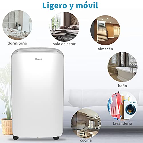 SHINCO Deshumidificador de Aire Portátil 20L/Día, Temporizador de 24 Horas, Pantalla digital LED, Drenaje Continuo, Función de "Lavandería", Para Máximo de 30㎡, Blanco