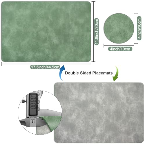 Placemats and Coaster Sets 6 | Faux Leather Place Mats and Coasters Heat Resistant | Wipeable Washable Dual-Sided Cowhide Table Mats | Table Placemat for Indoor Outdoor | 44.5 x 30cm | Green & Grey - Cosy Home Interiors Placemats and Coaster Sets 6 | Faux Leather Place Mats and Coasters Heat Resistant | Wipeable Washable Dual-Sided Cowhide Table Mats | Table Placemat for Indoor Outdoor | 44.5 x 30cm | Green & Grey - Image 2