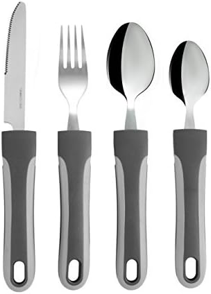 Special Supplies Adaptive Utensils (4-Piece Kitchen Set) Wide, Weighted, Non-Slip Handles for Hand Tremors, Arthritis, Parkinson’s or Elderly Use, Stainless Steel Knife, Fork, Spoons (Gray Striped)