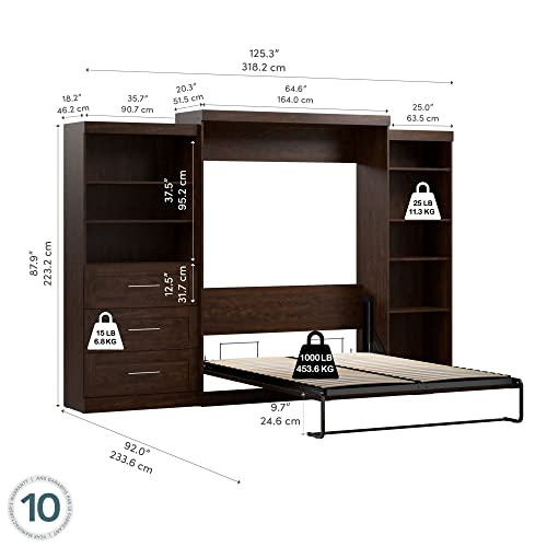 Bestar Pur Murphy Bed With Shelving And Drawers (126W) In Chocolate, Queen #TOP5