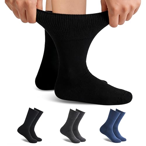 Forcool 3 Pairs Merino Wool Diabetic Socks for Women Men Non Binding Loose Top Non Blister Cushion Diabetes Crew Socks with Seamless Toe, Medium Black/Navy Blue/Dark Gray