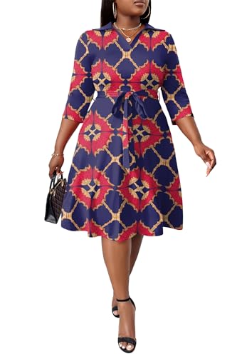 Image of FANDEE Plus Size Midi Dress for Women - Printing Summer Dresses for Wedding Guest Cocktail Party 3 /4 Sleeve V Neck（L-5XL）