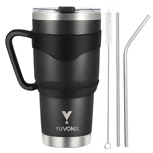 YUVONIX Stainless Steel Tumbler with Handle & Straw – 30oz Double Wall Insulated Travel Cup, Splash-Resistant Lid, BPA-Free Coffee Mug