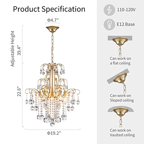 Wuzups Crystal Chandelier 5-Light Pendant Ceiling Light Modern Lighting Fixture For Bedroom Hallway Bar Kitchen Bathroom, H 22.6'' X W 19.2'', E12 Base, Gold #TOP1