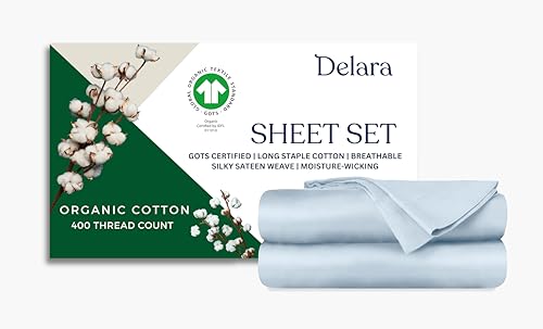 Delara GOTS Certified 100% Organic Cotton Sheets, 400TC Long Staple Cotton, Ultra Soft, Silky, Moisture-Wicking, Smooth & Breathable, with Elasticized Deep Pocket
