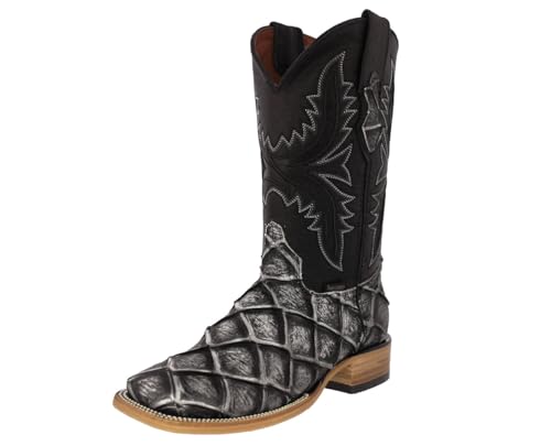 Texas Legacy Mens Gray Western Boots Pirarucu Fish Print Leather Square Toe