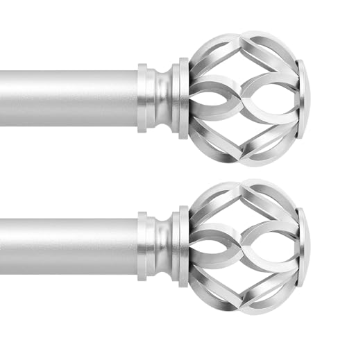 TVWOO Silver Decorative Farmhouse Curtain Rods 2Pack:18-45"Adjustable Heavy Duty Single Window Curtain Rod for Bedroom Living Room,Silver Boho Rustic Drapery Rod with Vintage Twist Finial Easy Install