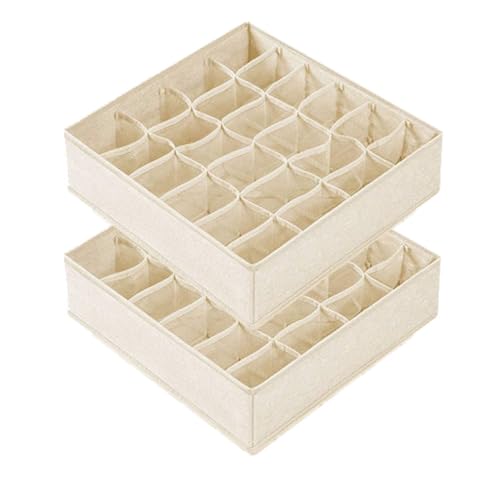 靴下収納ケース 下着 パンツ ハンカチ 収納ボックス 24マス仕切り付き 小物収納 整理ケース 省スペース 折りたたみ式 PP板内蔵 型崩れ防止 通気性 2枚組 (白)