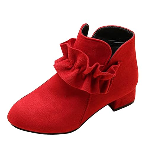 IWIHMIV Girls Ankle Boots Kids Short Booties with Side Zipper Fashion Comfortable Low Heel Dress Shoes（Red,3.5