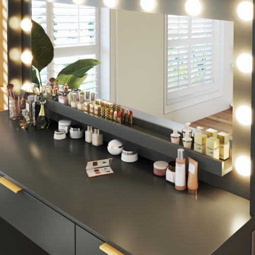 Image of HUAHUU Vanity Desk with Mirror and Lights, 45.3in Makeup Vanity with 7 Drawers & Large Mirror, with 3-Color Adjustable Lighting & Power Outlet, Black Vanity Desk for Bedroom