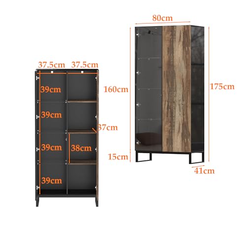 Vitrina alta con iluminación LED multicolor, armario de almacenamiento 80 × 41 × 175 cm, puertas push-to-open, estantes de vidrio templado y madera, diseño moderno negro y madera rústica, estructura - imagen 2