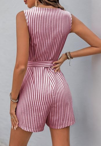 Sumtory Summer Romper for Women Sleeveless V Neck Short Romper Gingham Linen Jumpsuit Shorts Red XL — view 5