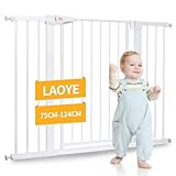 LAOYE Treppenschutzgitter ohne Bohren, Extra Hoch 92 cm Höhe, 75-124 cm Breite, Türgitter Baby mit 3 Verlängerungen, für Kinder, Hunde und Katzen, Auto-Close & 90° Stopp - Weiße