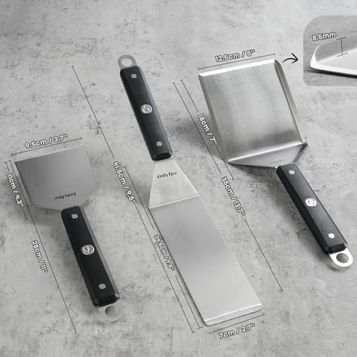 onlyfire Grillspachtel Set, Plancha Spachtel Edelstahl mit Aufhängeloch und Rutschfeste & Hitzebeständige Griffe, Smash Burger Set für Kochen, Backen, Wenden, Grillplatte, Küchenspachtel, 3 Teilig