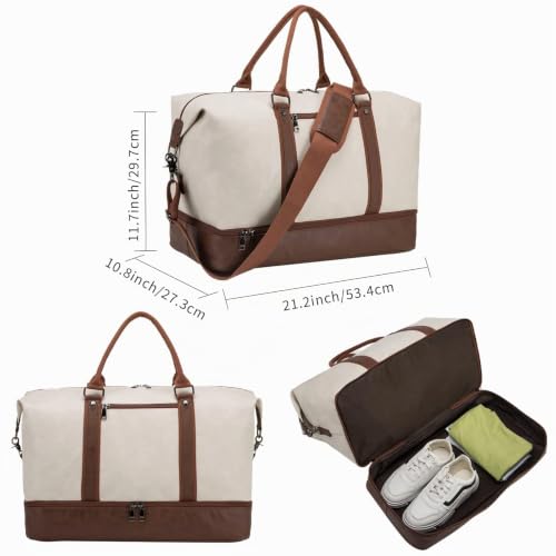 seyfocnia Sac de voyage avec pochette à chaussures, sac de week-end, sac de voyage, sac de sport pour homme ou femme, beige, Sac de sport – vue 4