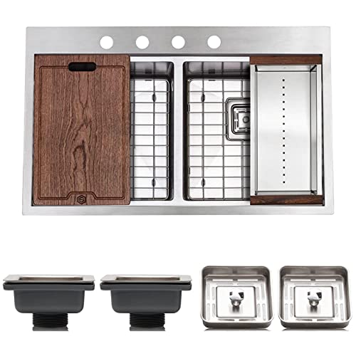 Strictly Sinks 33” Topmount Kitchen Workstation Sink–Silver Double Bowl 16 Gauge Stainless Steel Drop In Sink With Wooden Cutting Board,Color Matching Colander & 2 Strainer Drains #TOP22