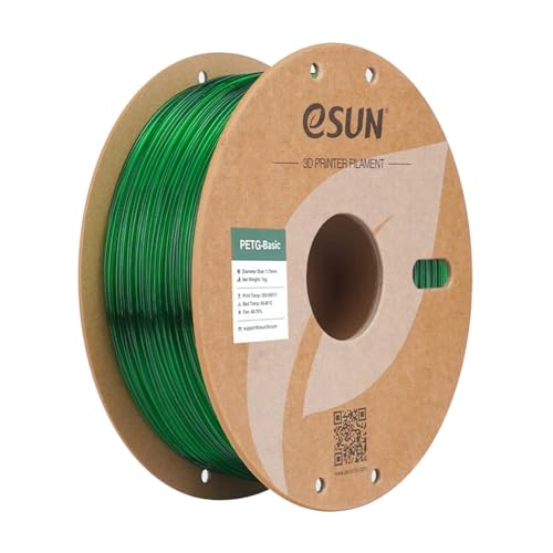 eSUN Basic PETG Filament 1.75mm, High Toughness Glossy PETG 3D Printing Filament, 1KG Spool (2.2 LBS) 3D Printer Filament, Transparent Green