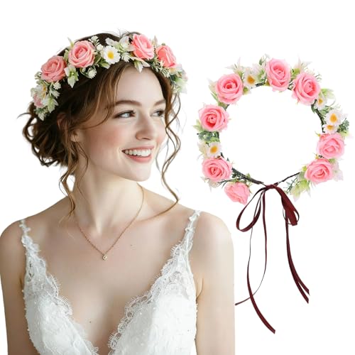 Flagogoo Pink Flower Crown Floral Headpiece - Flower Crowns for Women Girl - Handmade Rose Flower Headband Wedding Festival Shoot Halloween Cosplay Headwear