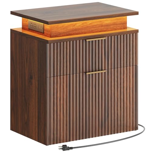 YATINEY YATINEY Fluted Nightstand with Charging Station and LED, Bedside Table with 2 Drawers and Storage, End Table for Bedroom, Walnut ET14UDWL