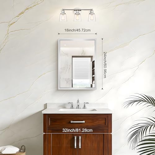 Image of 18x24 Silver Bathroom Mirror, Brushed Nickel Rectangular Mirror for Wall, 0.6 inch Thickened Deep Frame Mirrors for Bathroom Sink, Shatterproof Tempered Glass, Antirust, Horizontally or Vertically