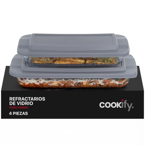 Recopilación de Refractarios de vidrio con tapa los más recomendados. 41 Cookify Set de Refractarios de Vidrio con Tapa sin BPA para Horno, Congelador y Almacenamiento de Alimentos (4 Piezas)