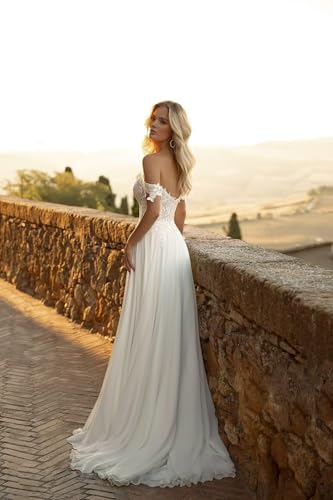 GATMAHE Lace Wedding Dresses for Bride Off The Shoulder Applique Tulle Open Back V-Neck Boho Bridal Dress with Slit3