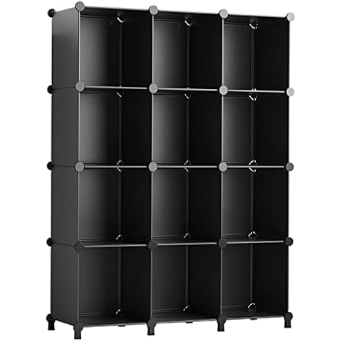 Cube Storage Organizer, 12 Cube Closet Organizers and Storage Plastic Storage Cubes Modular Storage Shelves Portable Bookhelf Clothes Organizer for Bedroom, Bathroom, Living Room Black Cover