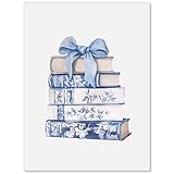 FuSatisYilife Coquette Bow Book Wall Art Blue and White Chinoiserie Flower Poster Fashion Minimalist Library Canvas Prints for Office Apartment Wall Decor 12X16 inch Unframed