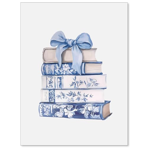 FuSatisYilife Coquette Bow Book Wall Art Blue and White Chinoiserie Flower Poster Fashion Minimalist Library Canvas Prints for Office Apartment Wall Decor 12X16 inch Unframed