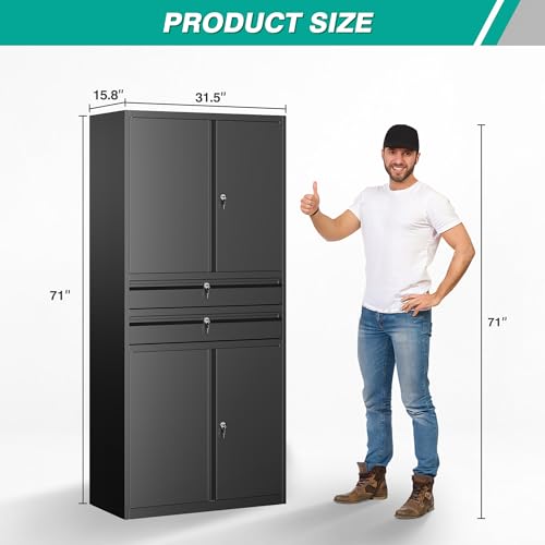 Image of SISESOL Metal Storage Cabinet with Drawer and Locks,Black Garage Storage Cabinet with Locking Doors and Adjustable Shelves,71 inch Tall Large Metal Cabinets with Magnetic Door for Home,Office,Garage