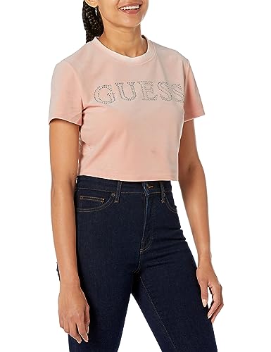 Image of GUESS Women's Couture Crop Tee Shirt, Pink Good Vibes, M