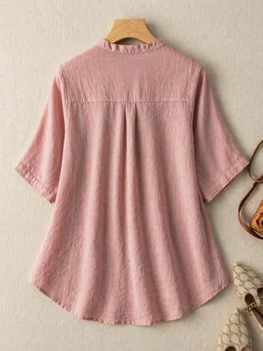 Image of RIEKA Womens Floral Applique Embroidered Fancy Top with Mandarin Collar Button Down Front Half Sleeves Relaxed Fit Casual Tunic Top for Women