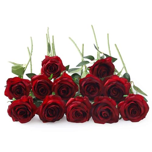 Laelfe 12 Stück Rot Künstliche Rosen, 53 cm Langer Stängel Künstliche Dunkelrote Rosen, Realistische Kunstrosen für Hochzeitsramos, Heimdekoration, Party Arrangements, Hotel und Garten Dekorationen