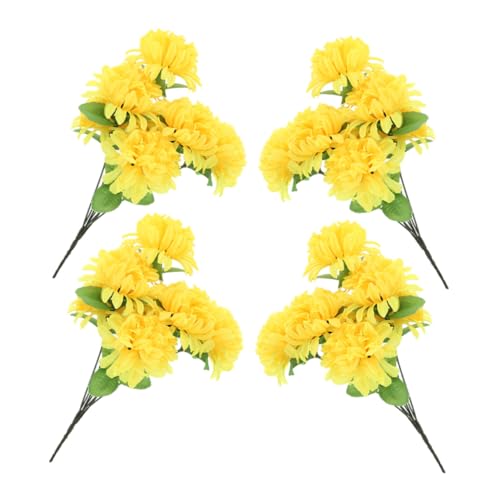 NIYANGLE 4 Mazzi di Fiori di Crisantemo Artificiali Gialli per Cimitero Bouquet Commemorativi Resistenti per Decorazione Tombe Autunnali Disposizione Realistica di Crisantemi per