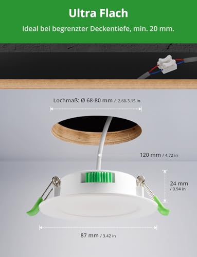 HOMEOW 20er Set LED Einbaustrahler 230V Dimmbar, Led Spots 68mm - 80mm Lochmaß, IP44 Einbaustrahler LED 5W 400LM Warmweiß Neutralweiß Kaltweiß, 24mm Ultra Flach Deckenspots für Badezimmer Küche