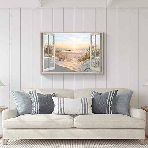 Beach Wall Art Canvas Picture: Modern Ocean Sunset Landscape Window View Painting Decor Living Room Bedroom Relaxing Coastal Sea Scene Nature Print Horizontal Contemporary Seascape Seaside Seashore Artwork For Home #TOP2