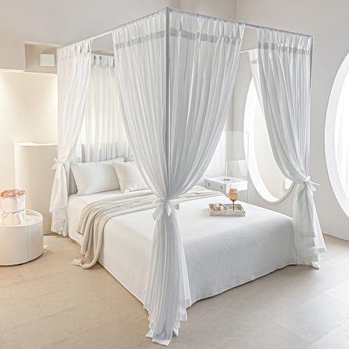 AIKASY Canopy Bed Board with Top and Self-Adhesive Strips, White Gauze Princess Bed Canopy Curtain Tent, Creating a Romantic Atmosphere in the Room（Full/Queen，White）