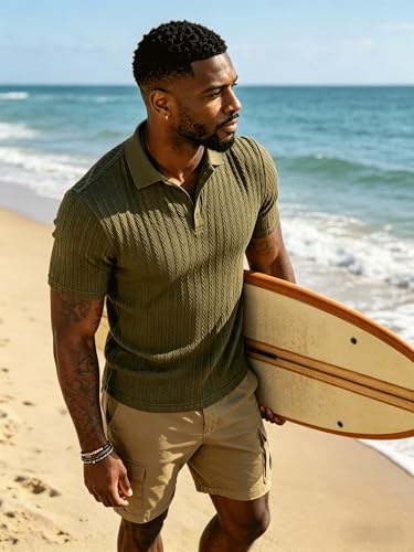 UOUA Polo para Hombre Textura Tejida con Botones Camiseta Casual Manga Corta para Verano Vacaciones Golf miniatura 5