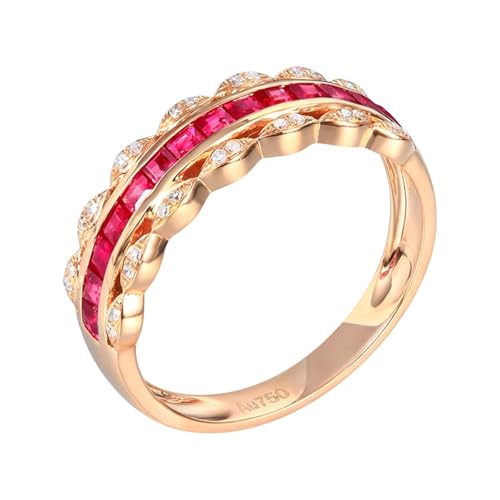 Calefee Anillo de compromiso para mujer, anillos de boda con rubí creado en laboratorio de 0,75 quilates y moissanita, oro rosa de 18 quilates real, talla H 1/2-V 1/2, O 1/2, Metal Piedra preciosa.,